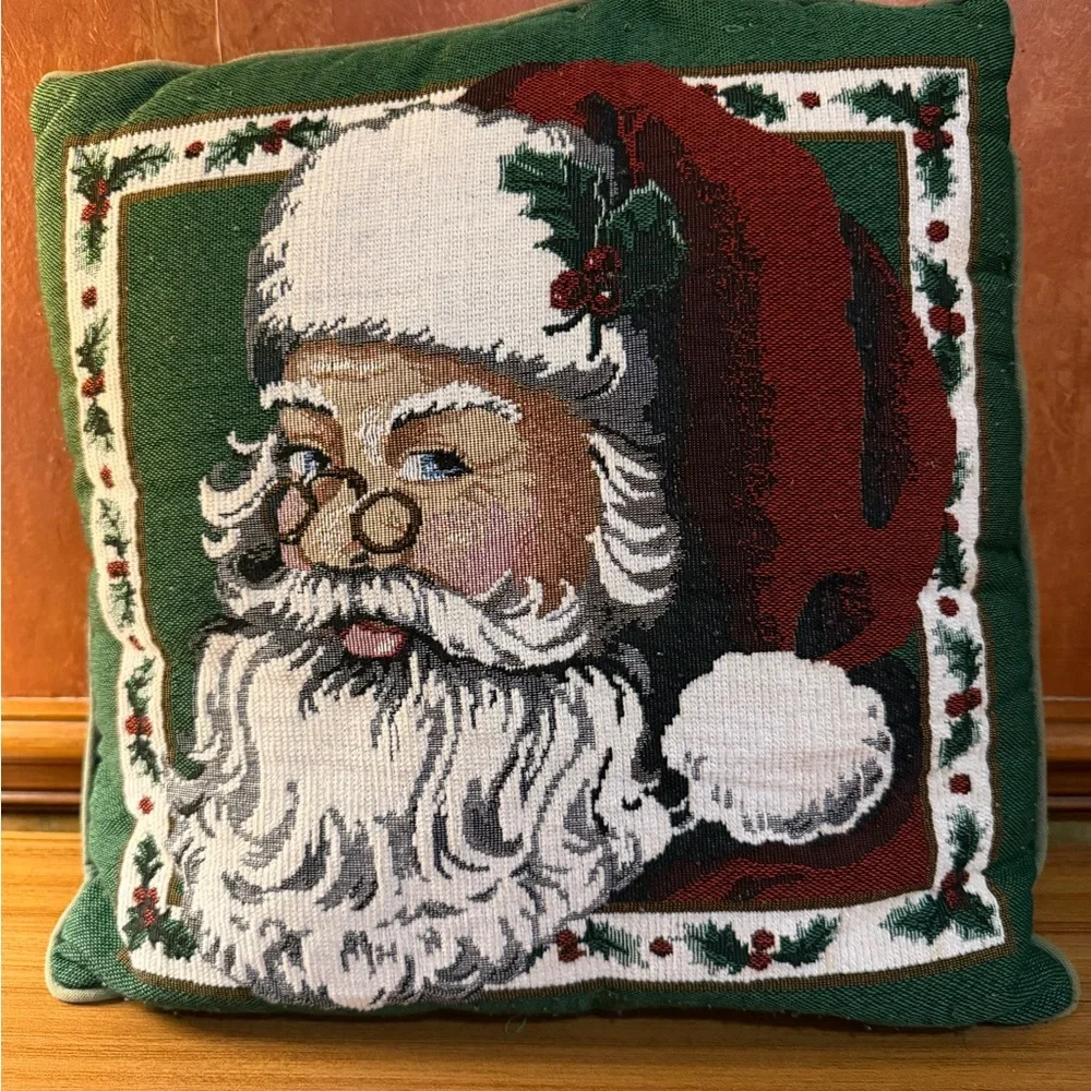 Santa Claus Large Holiday Green Tapestry Throw Pillow- 17